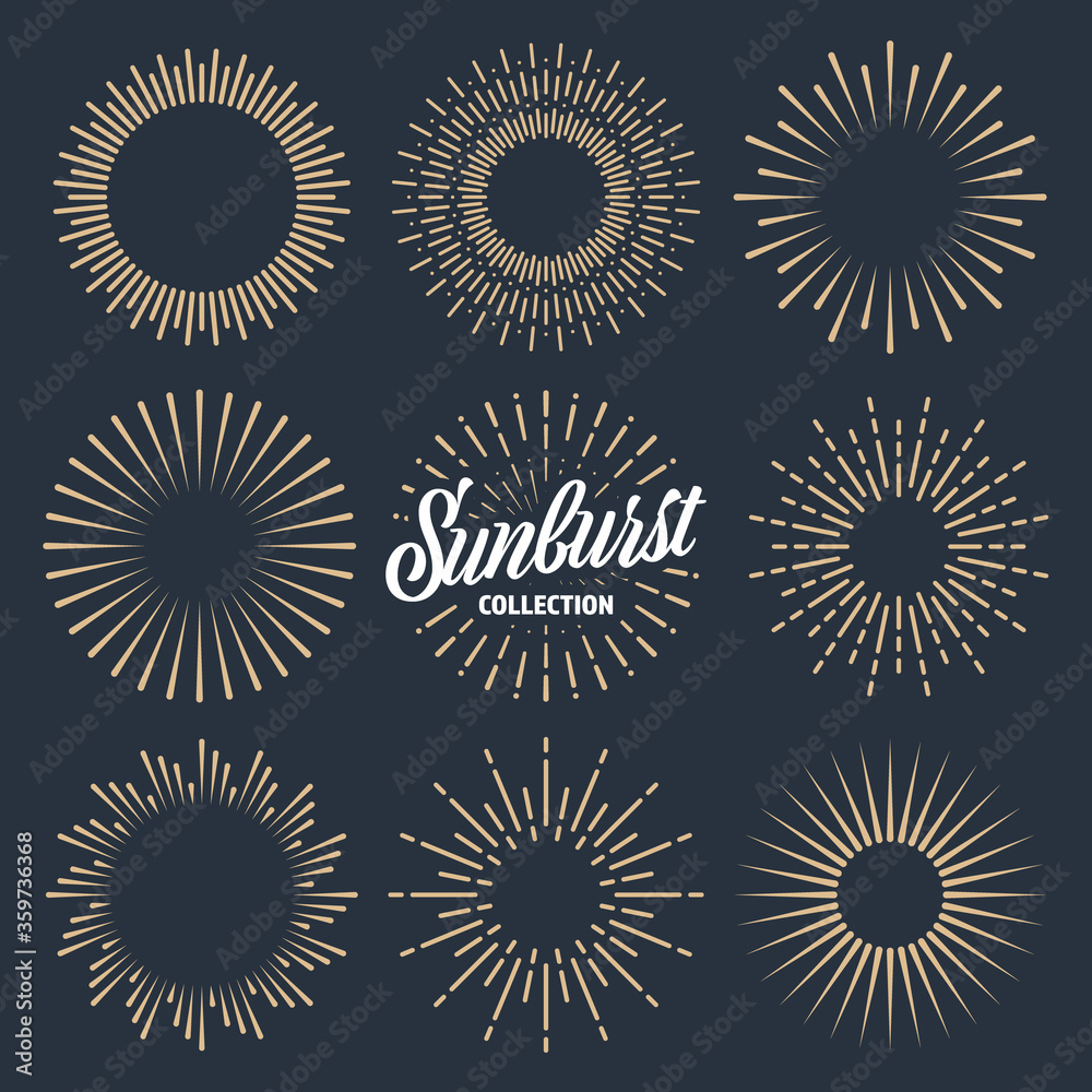 Vintage sunburst collection. Bursting sun rays. Fireworks. Logotype or lettering design element. Radial sunset beams. Vector illustration. - obrazy, fototapety, plakaty 
