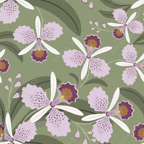 Vector floral seamless pattern in hawaiian style with hand drawn lilac orchid flowers on green background. Abstract tropical texture. Stylish summer design for textile  wallpapers  covers  print  wrap