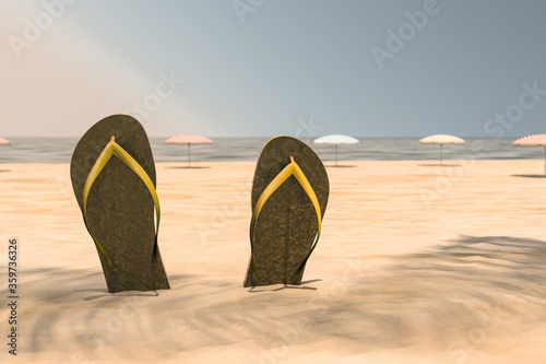 3d rendering of summer concept. Yellow flip flop  isolated on sand and sea background with sunlight and shadow of coconut leaves. Minimal design art. Copy space.