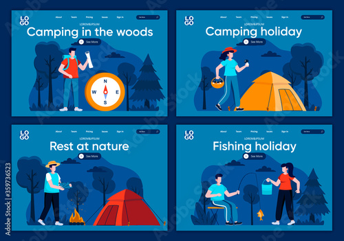 Camping in the woods flat landing pages set. Traveling with backpack and camping tent in forest scenes for website or CMS web page. Rest at nature, camping and fishing holiday vector illustration