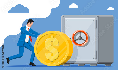 Rich businessman depositing his money in bank in safe. Big gold dollar coin. Growth, income, savings, investment, wealth. Business success. Flat vector illustration