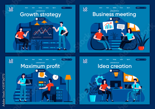Business meeting flat landing pages set. Manager making presentation, teamwork of colleagues scenes for website or CMS web page. Growth strategy, maximum profit, idea creation vector illustration.