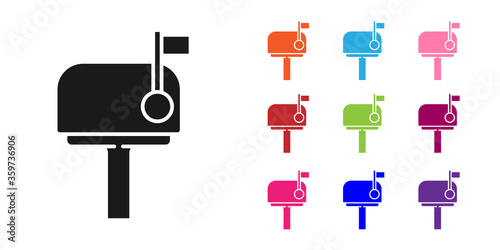 Black Mail box icon isolated on white background. Mailbox icon. Mail postbox on pole with flag. Set icons colorful. Vector Illustration