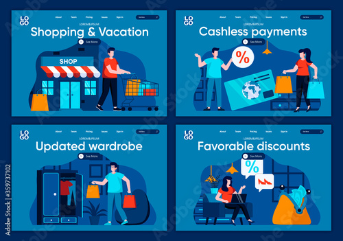 Shopping and vacation flat landing pages set. Shopper carry shopping bags, shop now scenes for website or CMS web page. Cashless payments, updated wardrobe, favorable discounts vector illustration