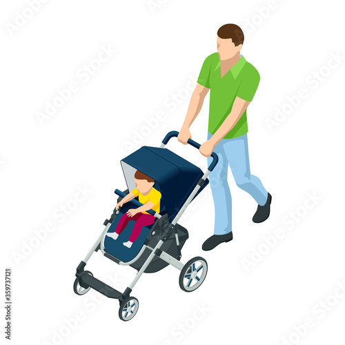Isometric baby carriage isolated on a white background. Kids transport. Strollers for baby boys or baby girls. Man with baby stroller walks. Theme of motherhood and fatherhood