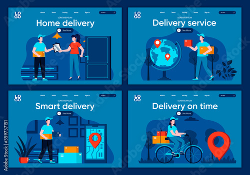 Delivery service flat landing pages set. Express delivery with courier, distribution and logistics scenes for website or CMS web page. Home delivery on time, smart service vector illustration