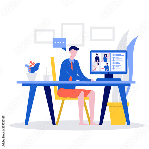 Video conference while work from home for online meetings and work. Male office workers in formal shirt and shorts having video call on computer