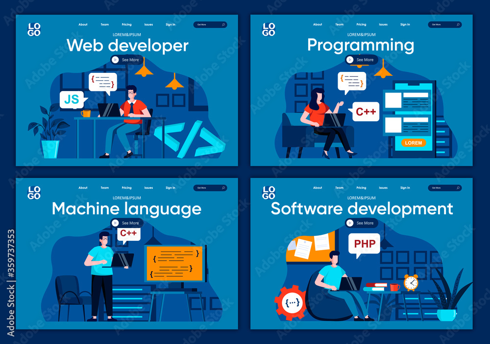 Fotografi Software development flat landing pages set