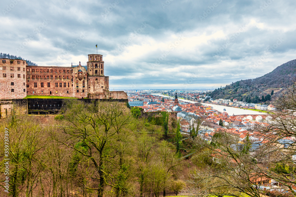 Panorama of Heidelberg Castle, ger. Schloss Heidelberg, and Skyline of Downtown of Heidelberg, Baden-Wuerttemberg, Germany. Europe