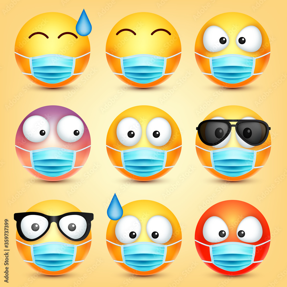 Emoticons, emoji vector collection. Cartoon yellow face with medical mask. Facial expressions and emotions.