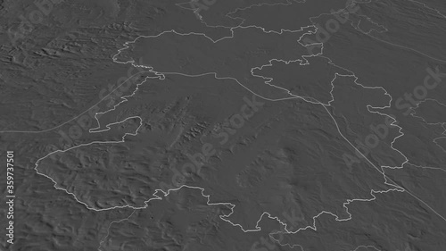 Shropshire, administrative county with its capital, zoomed and extruded on the bilevel map of England in the conformal Stereographic projection. Animation 3D photo