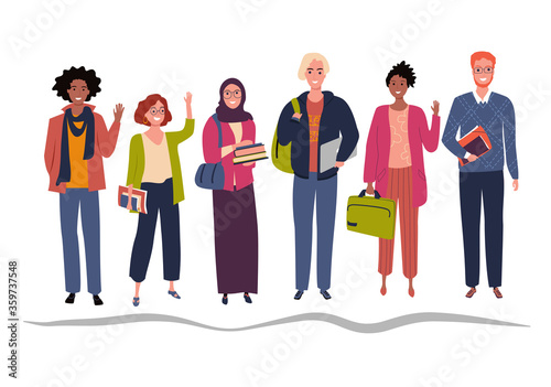 Group of multicultural students holding books and laptop. Flat vector illustration. Young girls and boys isolated on white background