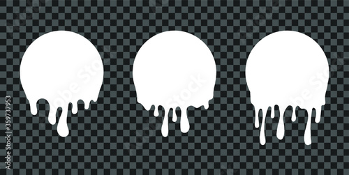Paint drip stickers, circle white melt drop vector icons. Vector milk circle melt drops, graffiti paint drip blobs