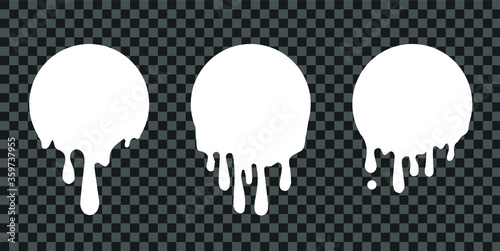 Paint drip stickers, circle white melt drop vector icons. Vector milk circle melt drops, graffiti paint drip blobs