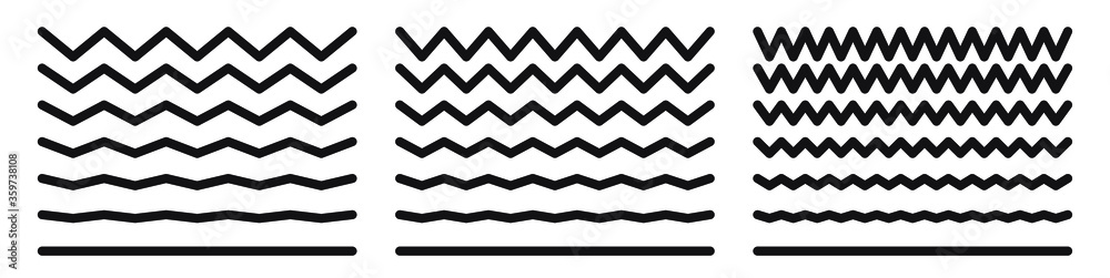 Wave line and wavy zigzag pattern lines. Vector black underlines, smooth end squiggly horizontal curvy squiggles Wave line and wavy zigzag pattern lines. Vector black underlines, smooth end squiggly horizontal curvy squiggles