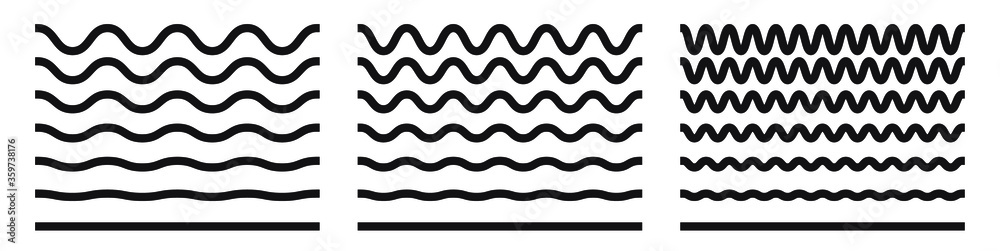Wave line and wavy zigzag pattern lines. Vector black underlines, smooth end squiggly horizontal curvy squiggles
