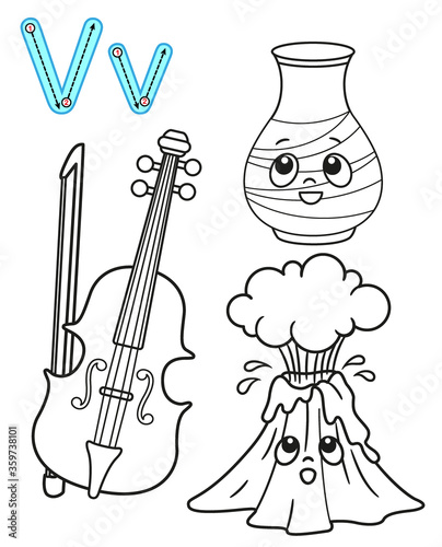 Printable coloring page for kindergarten and preschool. Card for study English. Vector coloring book alphabet. Letter V. vase, volcano, violin