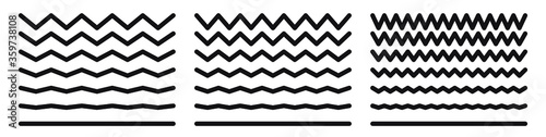 Wave line and wavy zigzag pattern lines. Vector black underlines, smooth end squiggly horizontal curvy squiggles