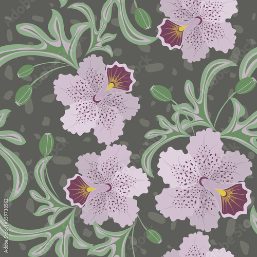 Vector tropical seamless pattern. Stylish background in hawaiian style with hand drawn lilac orchid flowers and green leaves. Elegant botanical texture. Summer design for textile, wallpapers, prints