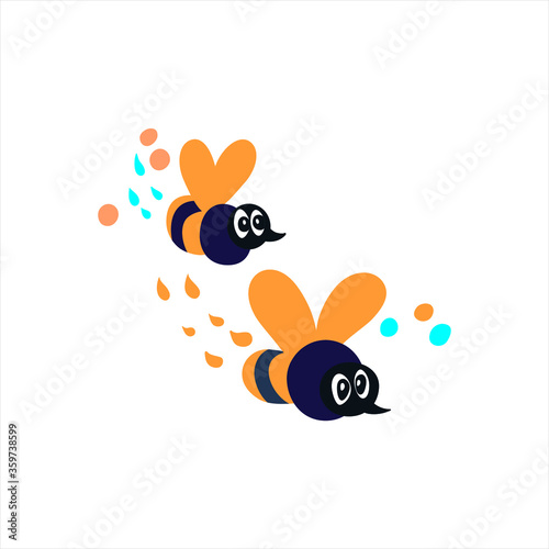 Two flying bees with big eyes and stings. Isolated vector illustration.