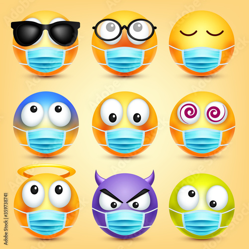 Wallpaper Mural Emoticons, emoji vector collection. Cartoon yellow face with medical mask. Facial expressions and emotions. Torontodigital.ca