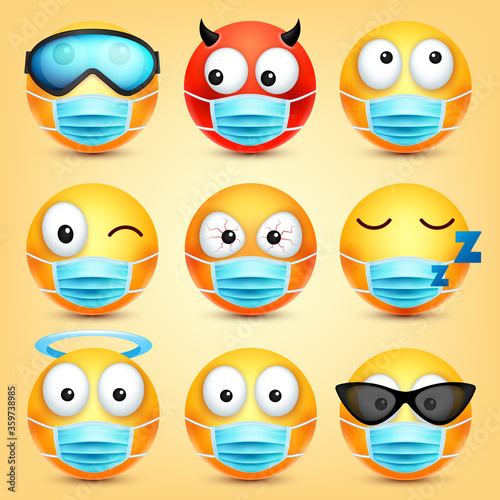 Emoticons  emoji vector collection. Cartoon yellow face with medical mask. Facial expressions and emotions.