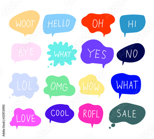 Bubble talk phrases. Online chat clouds with different words comments information shapes vector