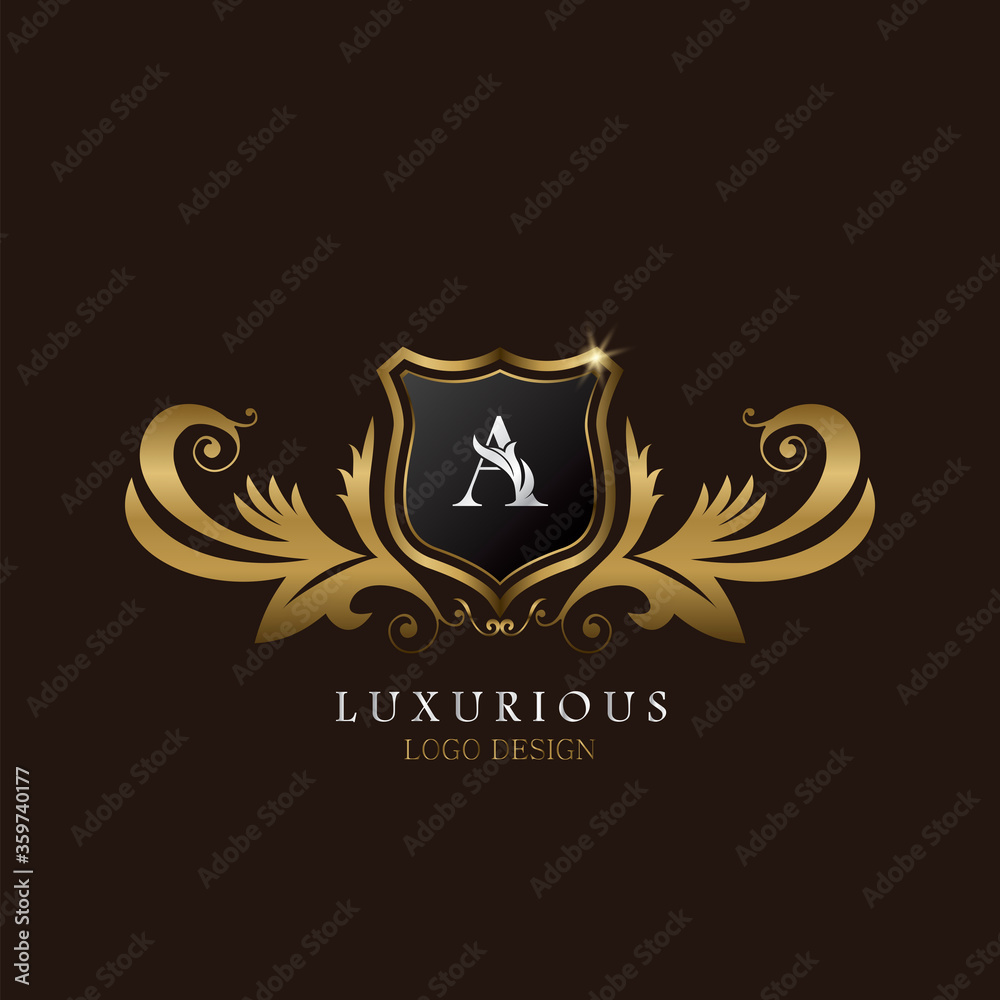 Golden A Logo Luxurious Shield, creative vector design concept for luxury brand identity.