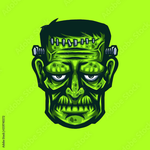 Vector illustration of Creepy Green Halloween Frankenstein Monster on the Green Background. Hand-drawn illustration for mascot sport logo badge label poster emblem patch t-shirt printing. Vector Logo