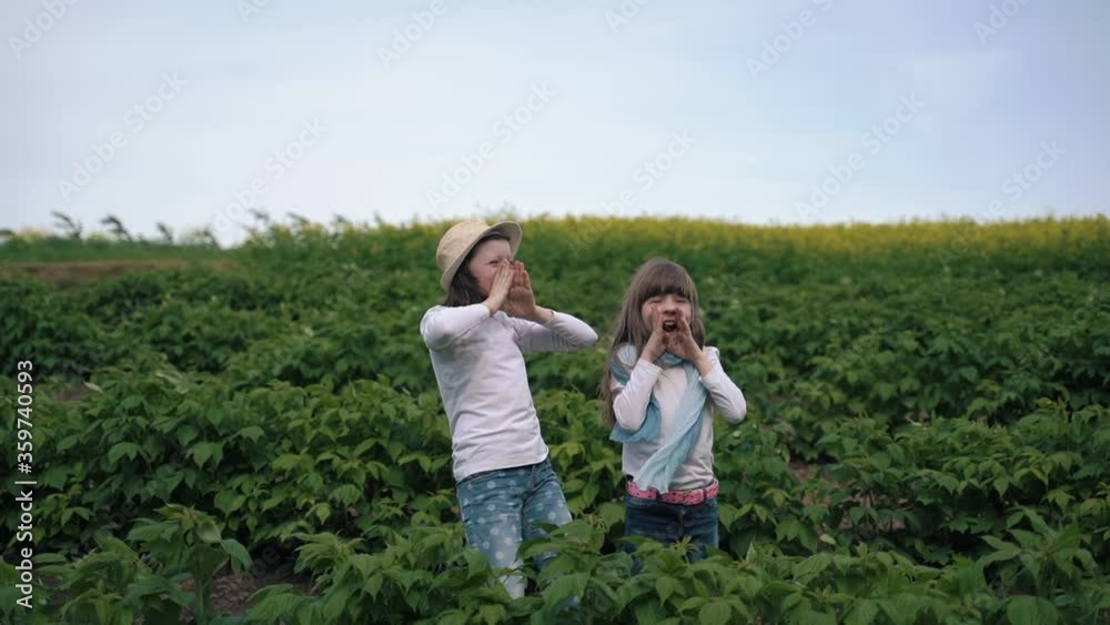 Two cute girls happily jump, dance, shout, wave their hands on a raspberry field