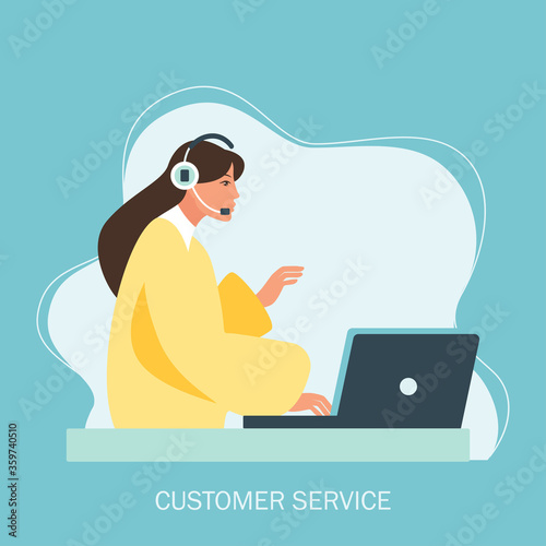 customer service concept, hotline operator advises customer, online global technical support 24/7, customer and operator. Vector illustration