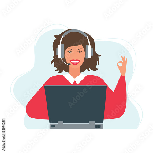 customer service concept, hotline operator advises customer, online global technical support 24/7, customer and operator. Vector illustration