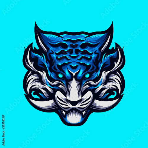 Vector illustration of Angry Blue Tiger Head with a Fang, Claw on the Blue Background. Hand-drawn illustration for mascot sport logo badge label poster emblem patch t-shirt icon printing. Vector Logo