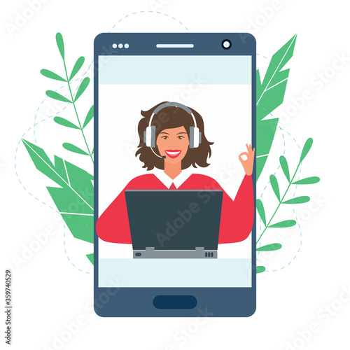 customer service concept, hotline operator advises customer, online global technical support 24/7, customer and operator. Vector illustration
