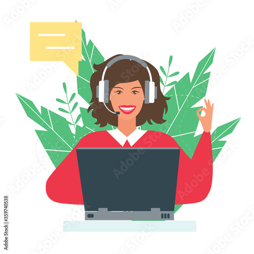 customer service concept, hotline operator advises customer, online global technical support 24/7, customer and operator. Vector illustration