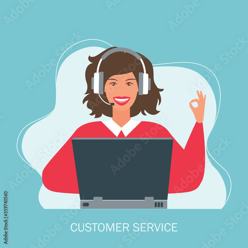 customer service concept, hotline operator advises customer, online global technical support 24/7, customer and operator. Vector illustration