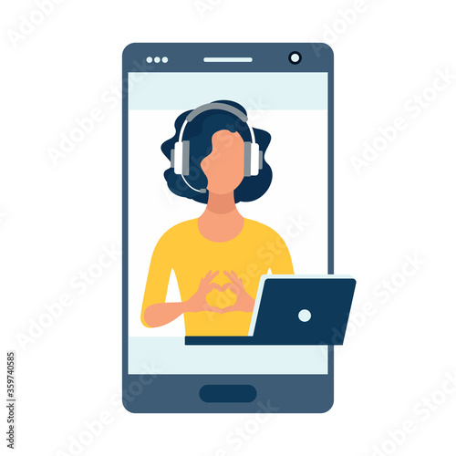 customer service concept, hotline operator advises customer, online global technical support 24/7, customer and operator. Vector illustration