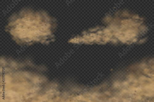 A set of various dust clouds with particles realistic vector illustrations, road dust or sand storm, a polluted air visualisation design elements