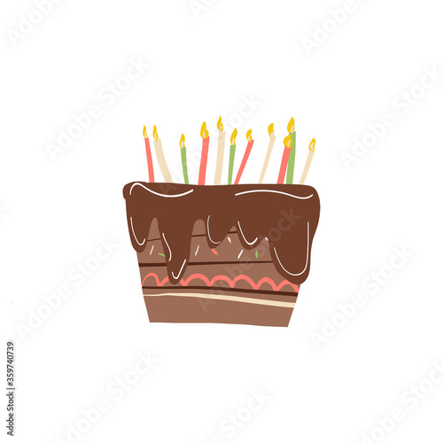 Cute chocolate cake with lot of burning candles and colorful creme topping decoration and cacao icing.