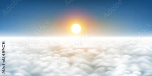 Sunrise above the clouds a realistic panorama vector illustration, sunset cloudscape a view from above, plane flight view of clouds, sky, sun, and horizon