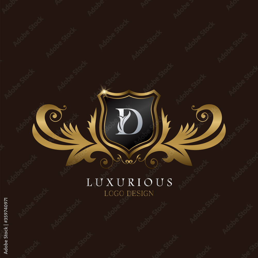 Golden D Logo Luxurious Shield, creative vector design concept for luxury brand identity. Golden D Logo Luxurious Shield, creative vector design concept for luxury brand identity.