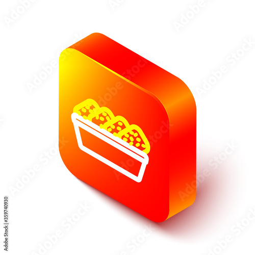 Isometric line Chicken nuggets in box icon isolated on white background. Orange square button. Vector Illustration