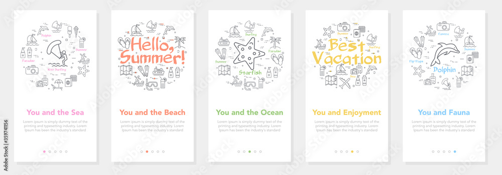 Vertical vector summer five banners - hello summer and best vacation