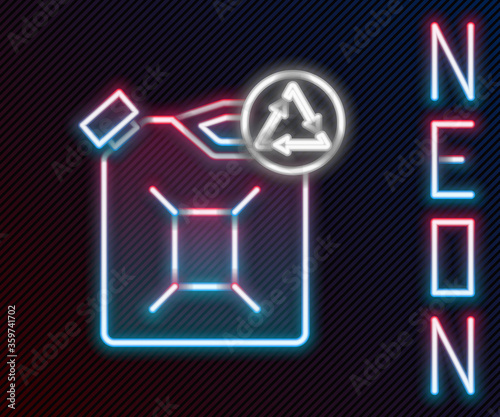 Glowing neon line Eco fuel canister icon isolated on black background. Eco bio and barrel. Green environment and recycle. Colorful outline concept. Vector Illustration