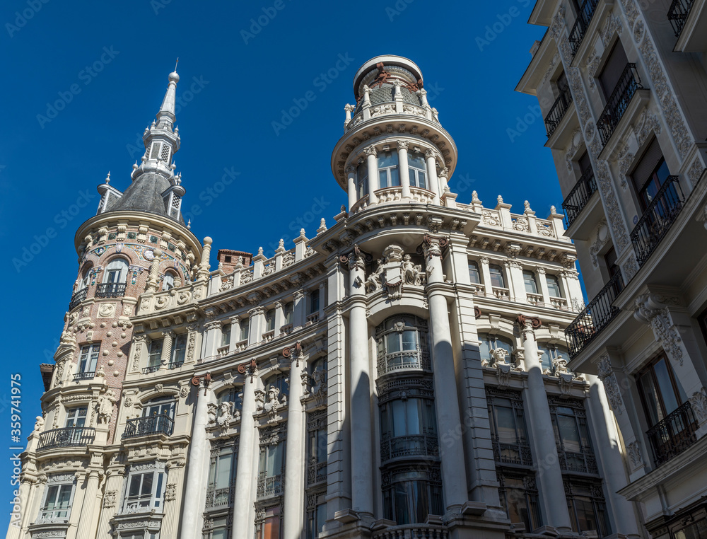 Views of the Meneses building, a historical building located in the Plaza de Canalejas, Canalejas Square, in Madrid, Spain