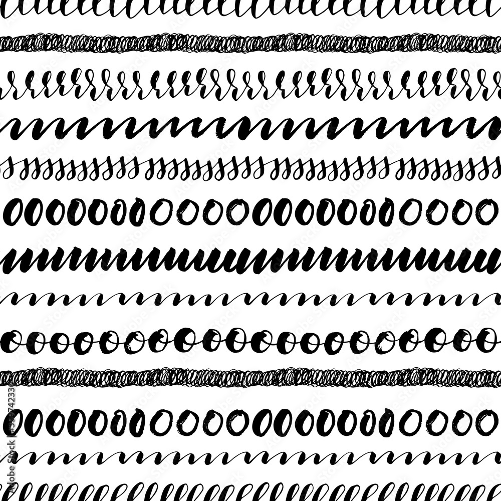 Seamless pattern with hand drawn doodles. Ink illustration. Calligraphic warm up. Decorative ornament for wrapping paper. Monochrome background. Seamless pattern with hand drawn doodles. Ink illustration. Calligraphic warm up. Decorative ornament for wrapping paper. Monochrome background.