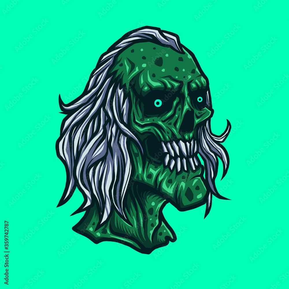 Vector illustration of Creepy Green Zombie Head with white hair on the Blue Background. Hand-drawn illustration for mascot sport logo badge label poster emblem patch t-shirt icon printing. Vector Logo