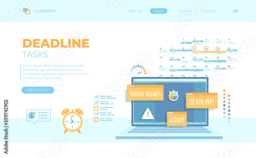 Deadline, Asap, Time limit and control. Laptop with notifications, messages on the screen, alarm clock, planning calendar. loading bar. Can use for web banner, landing page, web