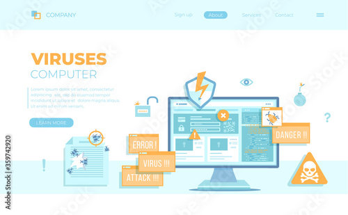 Computer Viruses Attack, Errors detected, Warning signs, Stealing data. Monitor with hacking virus alert messages, bugs, notifications. Can use for web banner, landing page, web.