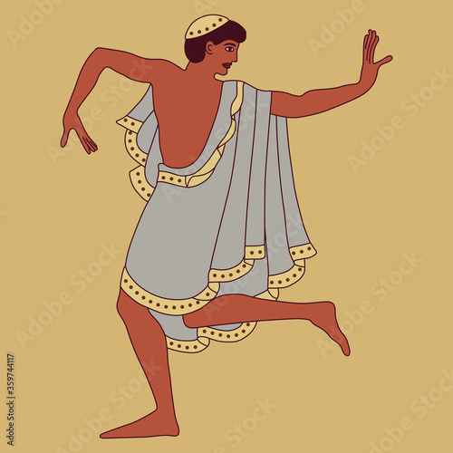 Dancing Etruscan young man. Antique Italian fresco decor. isolated vector illustration.